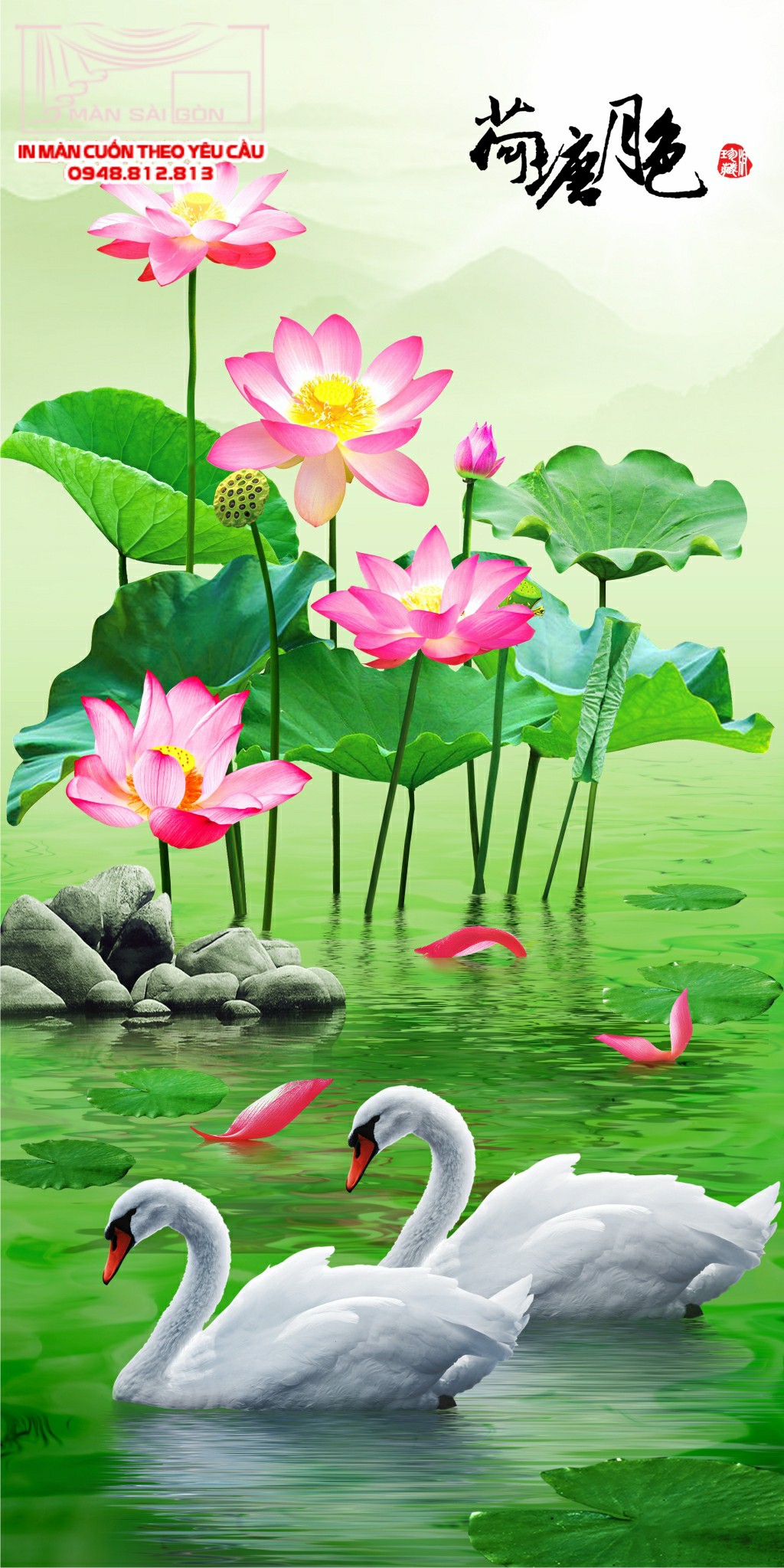 màn cuốn in tranh hoa sen