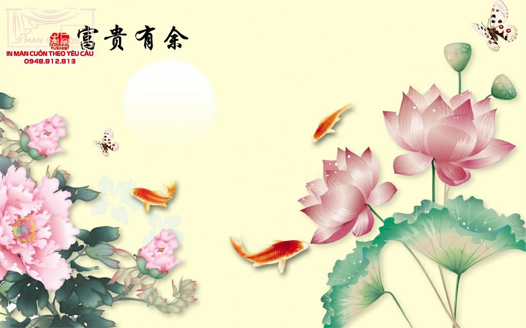 màn cuốn in tranh hoa sen