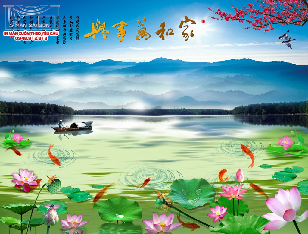 màn cuốn in tranh hoa sen
