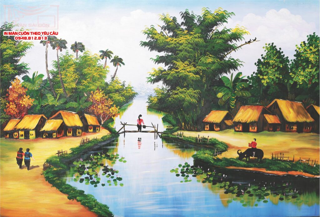 màn cuốn in tranh làng quê việt